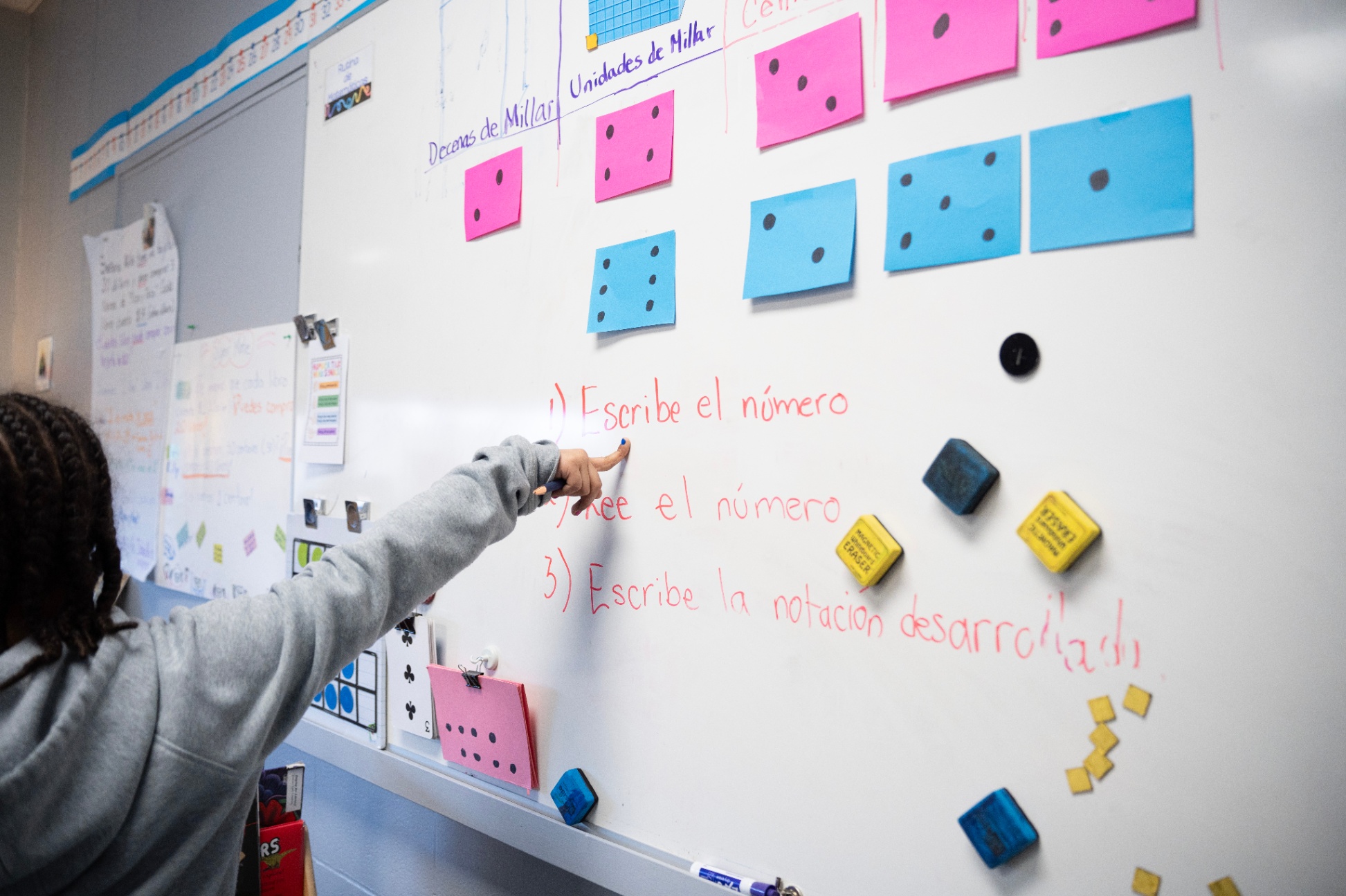 Student pointing at spanish words on a whiteboard