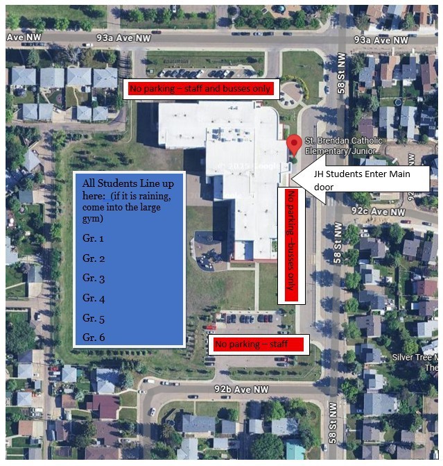 An aerial map of St. Brendan School indicating elementary is to enter from west side and Jr. High through the East doors