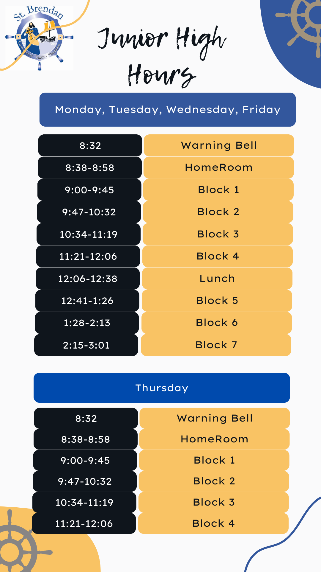 School Hours St. Brendan Catholic Elementary/Junior High School