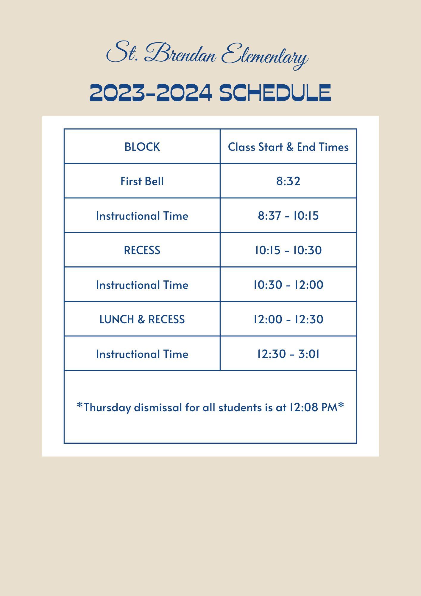 School Hours St. Brendan Catholic Elementary/Junior High School